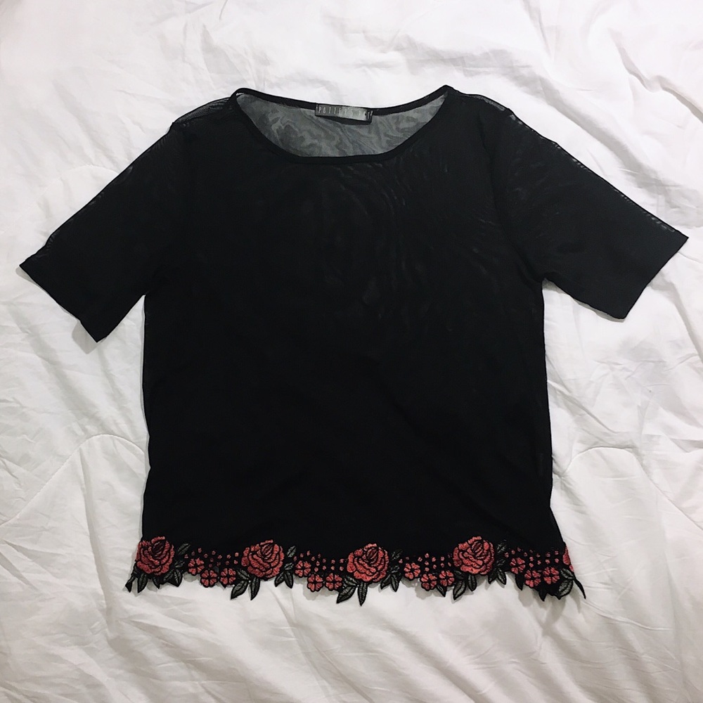 Black mesh (sheer) top with rose detailing